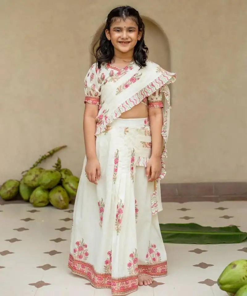 White cotton printed blouse and saree lehenga for girls