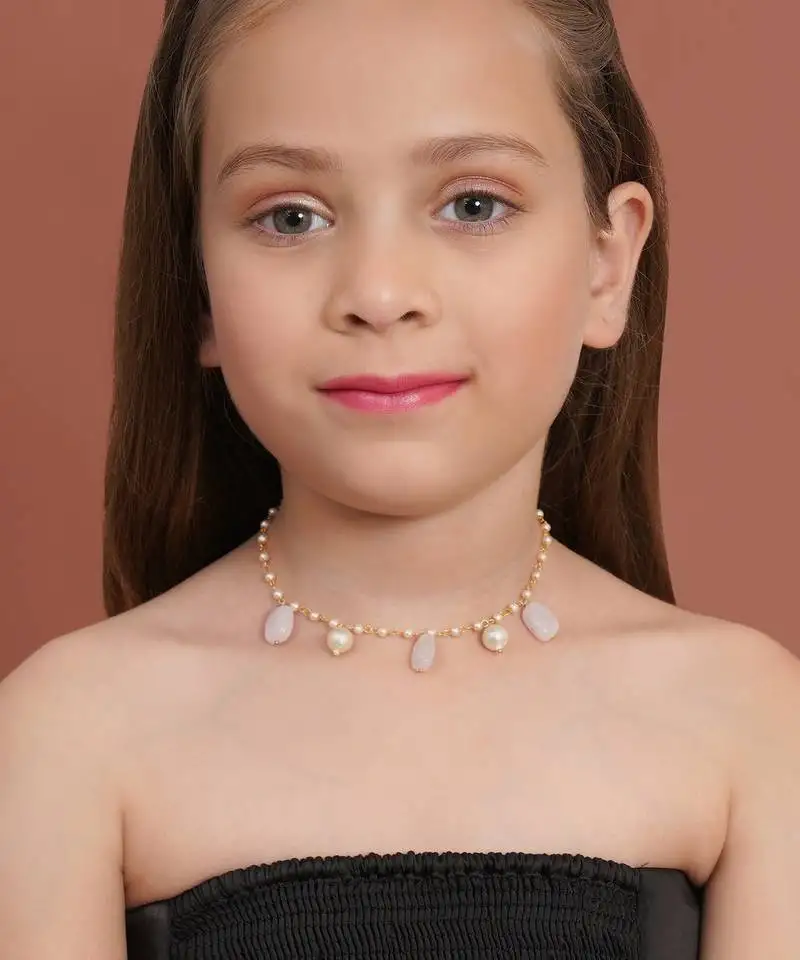 Girls gold-plated artificial stone studded & beaded necklace