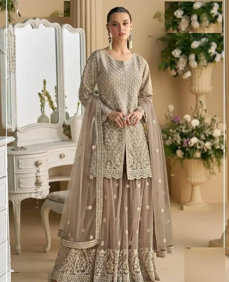 Beige net full stitched free size upto xxl wedding suits