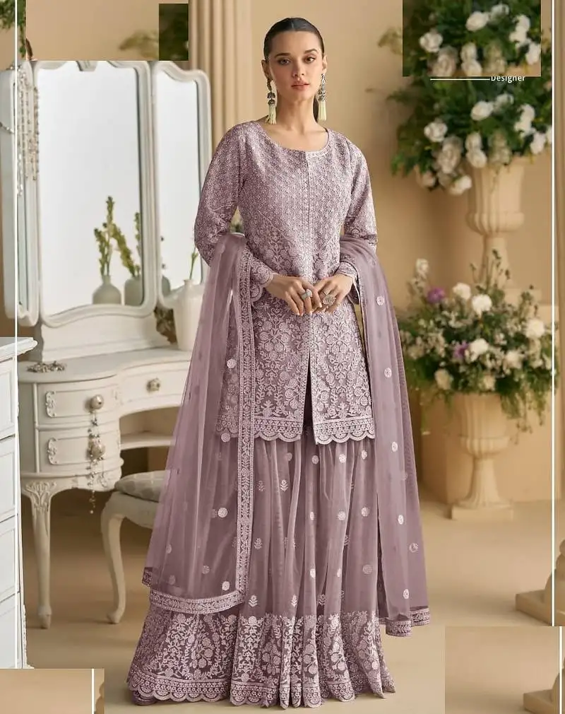 Light purple net full stitched free size upto xxl wedding suits