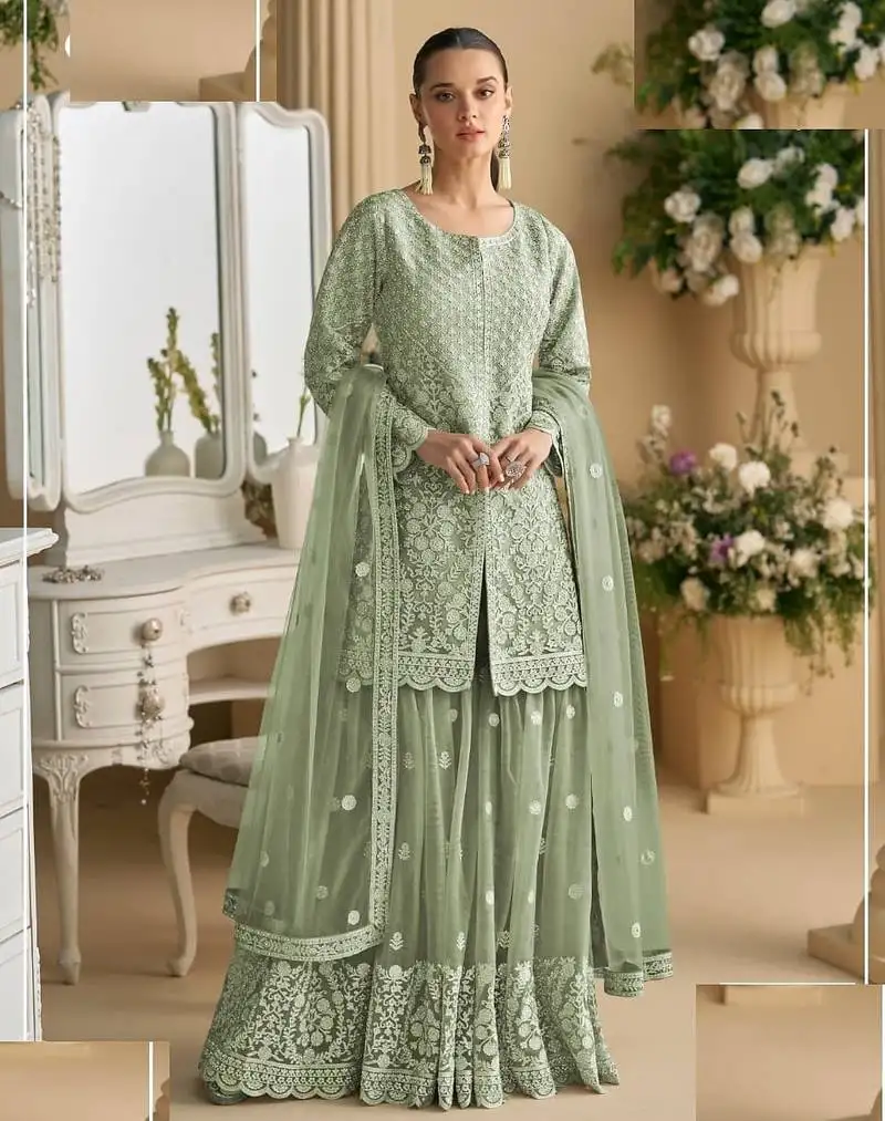 Light green net full stitched free size upto xxl wedding suits