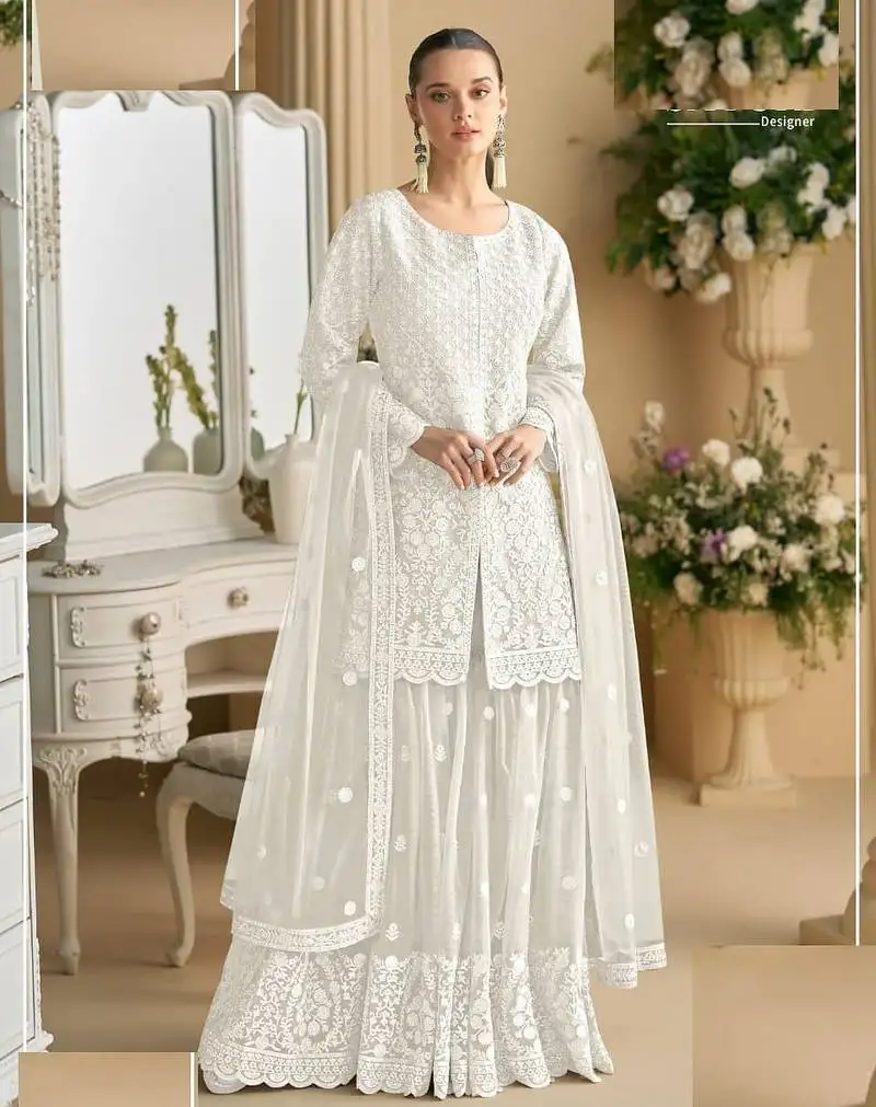 White net sharara full stitched- free size.