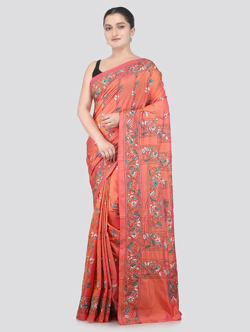 Pink dual tone handloom silk embroidered katha stitch work saree with blouse piece