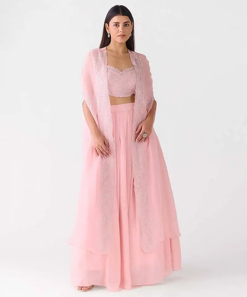 Pink embroidered chiffon cape set