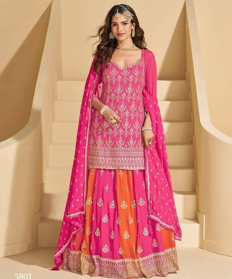Pink georgette top & skirt wedding set - free size full stitched upto 42