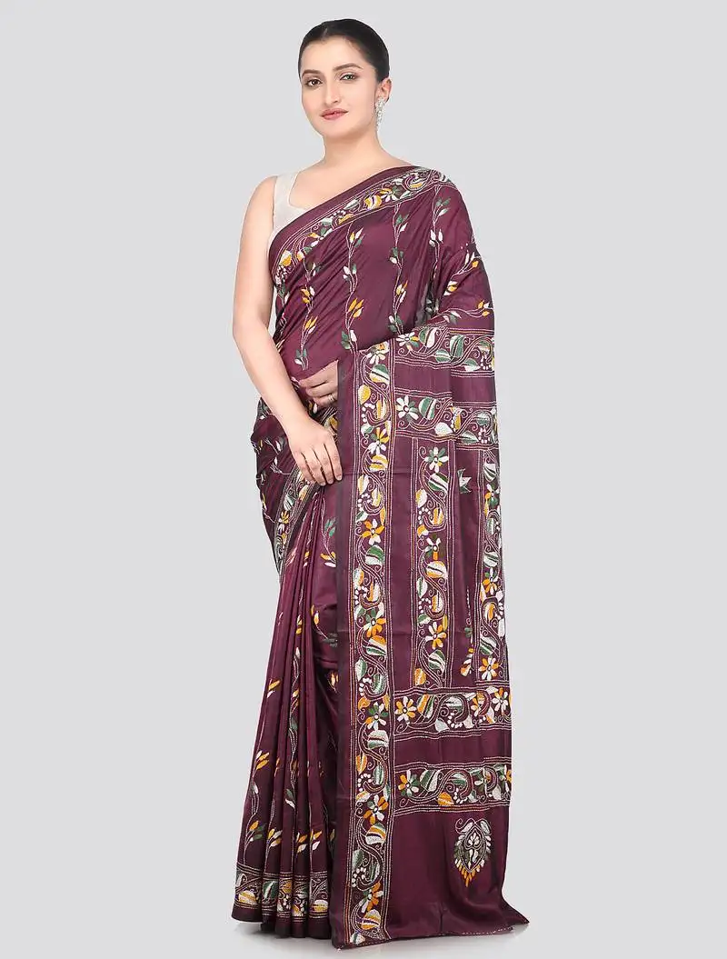 Multicolour handloom silk embroidered katha stitch work saree with blouse piece