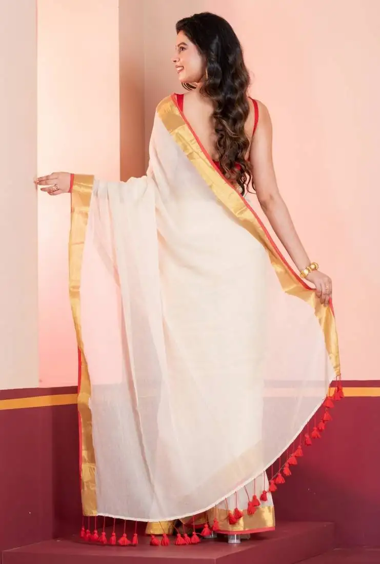 Cream and red handloom mul cotton bengal saree with zari and tassels, without blouse
