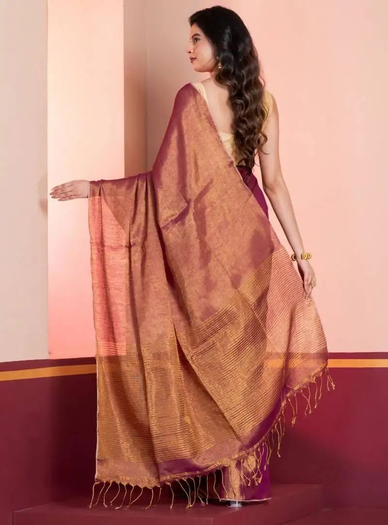 Purple golden dual tone linen tissue saree with zari, with blouse
