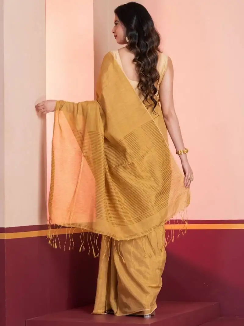 Golden linen tissue saree with zari, with blouse