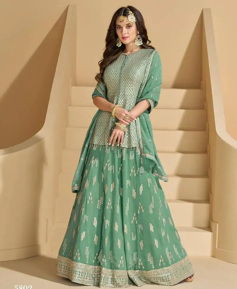 Pastel green georgette top & skirt wedding set - free size full stitched upto 42