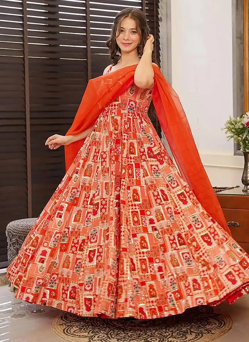 Red heavy digital printed silk gown style stitched