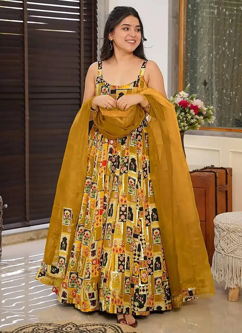 Yellow heavy digital printed silk gown style stitched