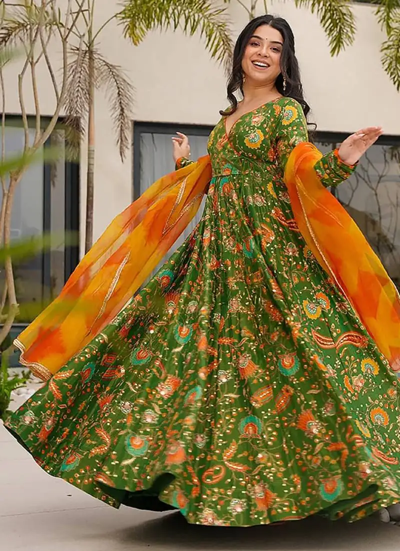 Mahendi heavy digital printed silk gown style stitched