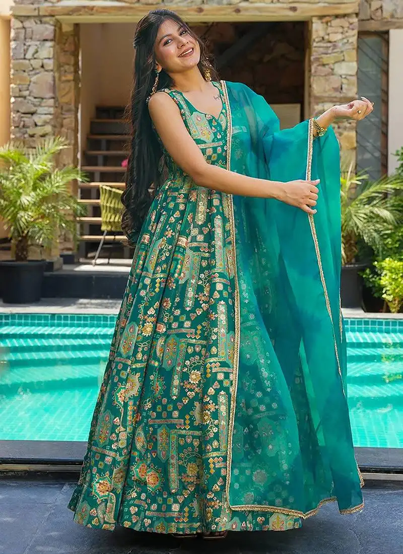 Sea green heavy digital printed silk gown style stitched