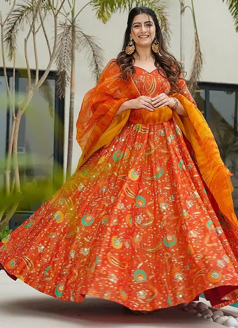 Orange heavy digital printed silk gown style stitched