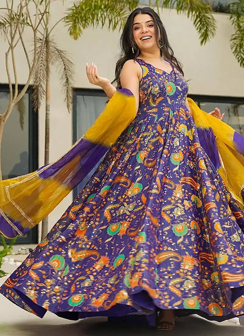 Purple heavy digital printed silk gown style stitched