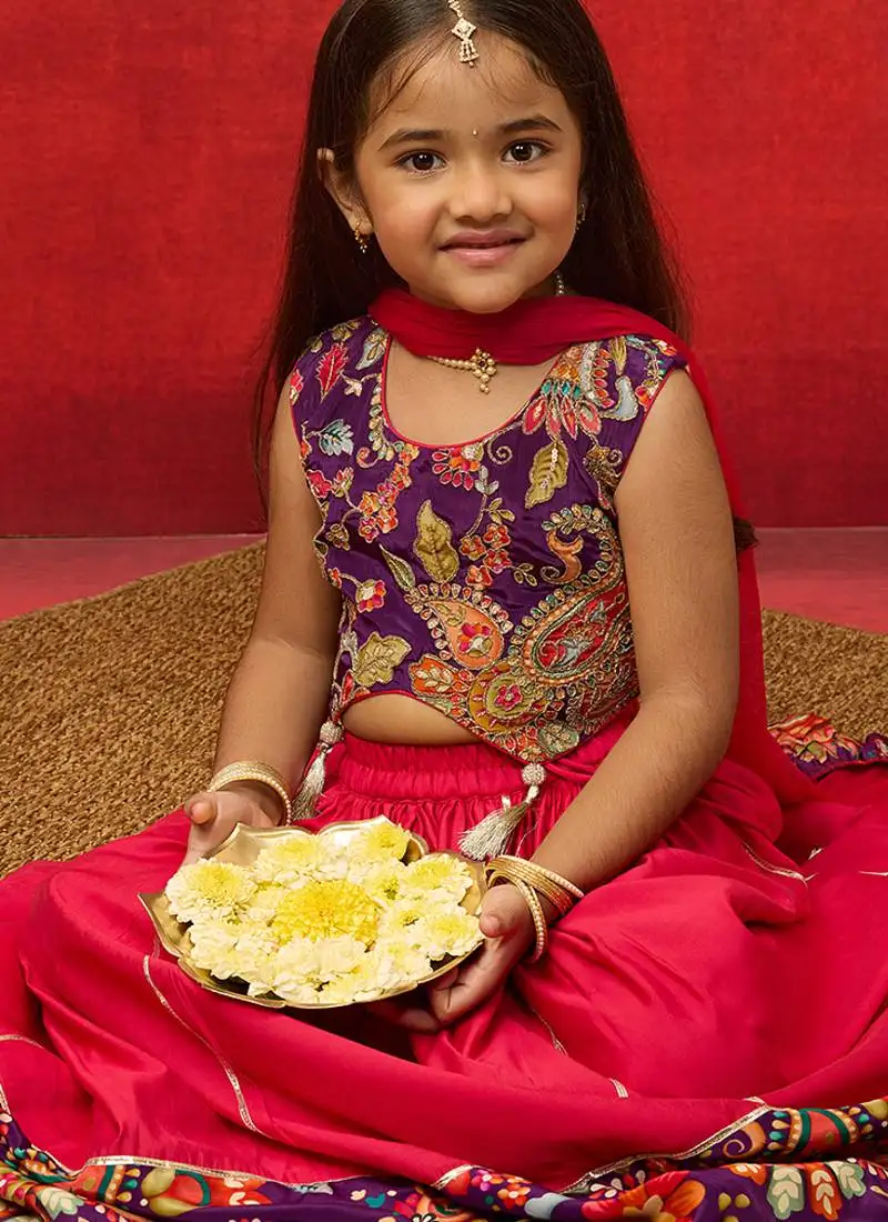Girls' purple crepe lehenga set with paisley embroidery - navratri collection