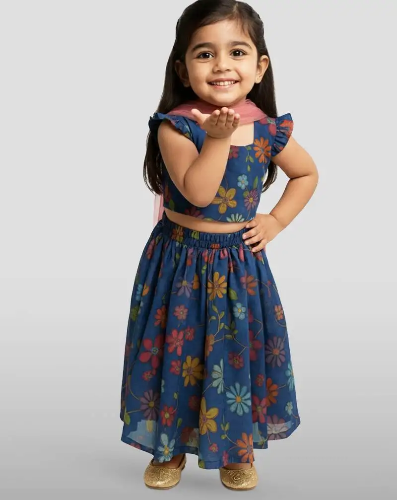 Kids blue organza lehenga set - embroidered diwali festival outfit