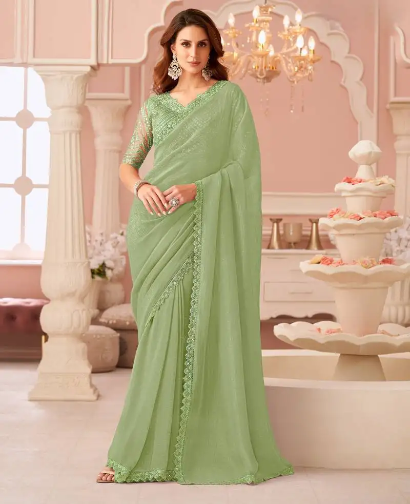 Light green rainbow georgett silk blend with embroidery with unstitched blouse