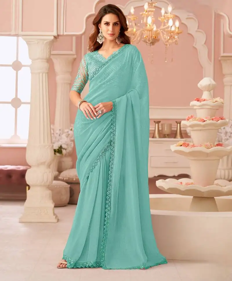 Skyblue rainbow georgett silk blend with embroidery with unstitched blouse