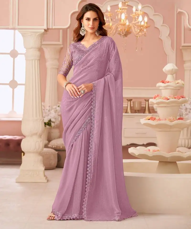 Purple rainbow georgett silk blend with embroidery with unstitched blouse