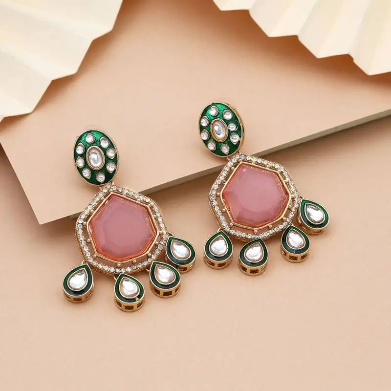 Pink color kundan earrings