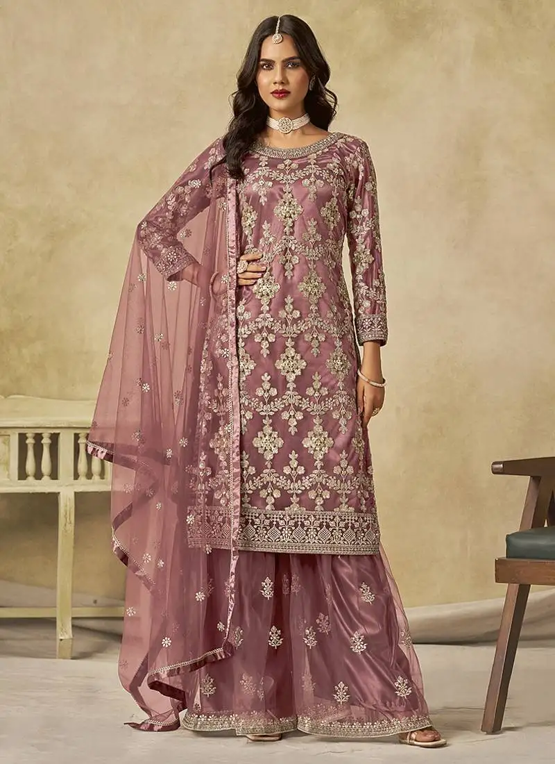 Brown embroidered zari work net palazzo suits semi stitched