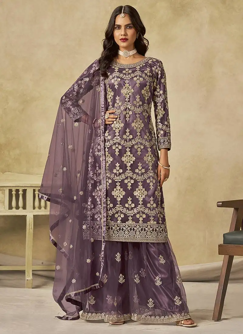 Purple embroidered zari work net palazzo suits semi stitched