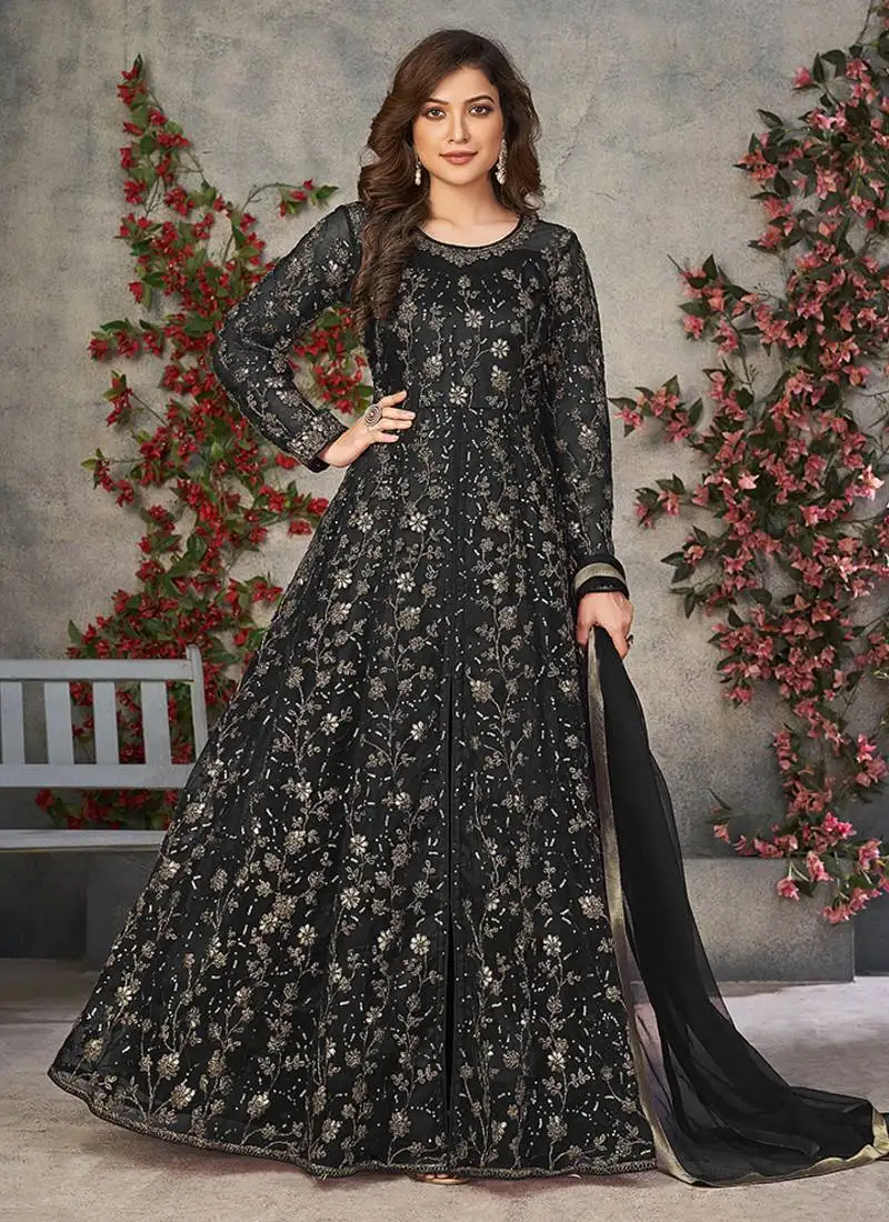 Black embroidered net anarkali suit semi stitched