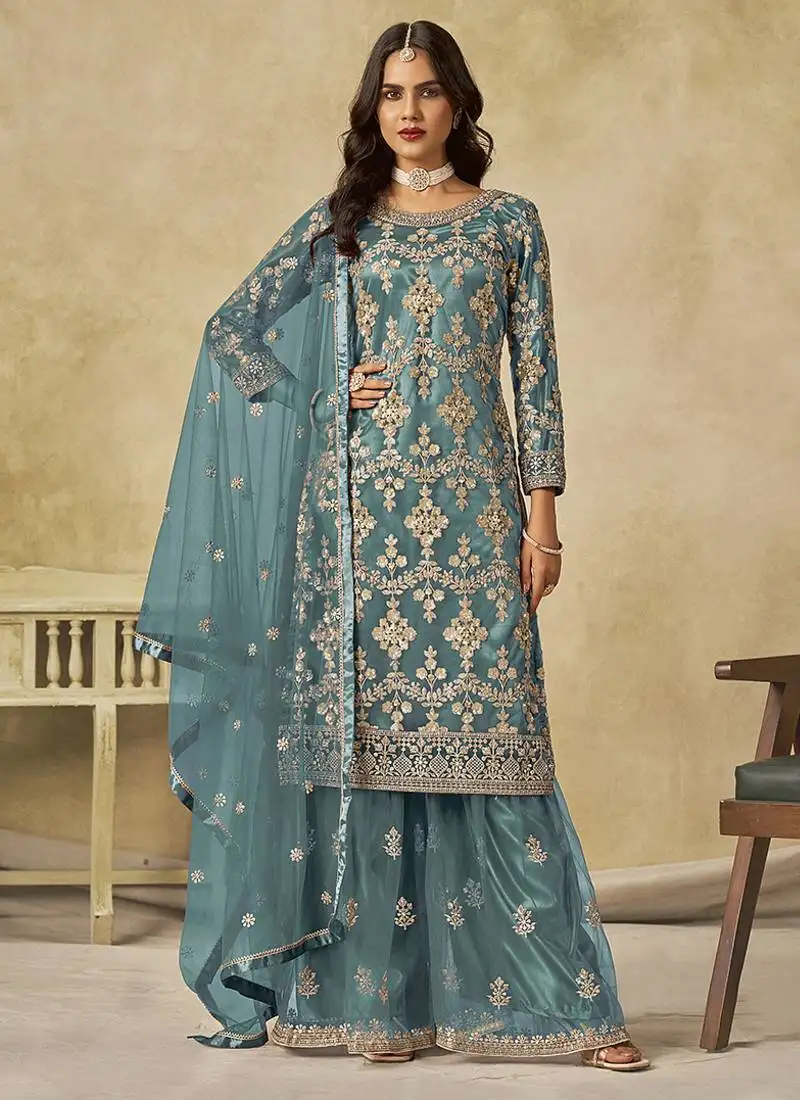 Teal-blue embroidered zari work net palazzo suits semi stitched