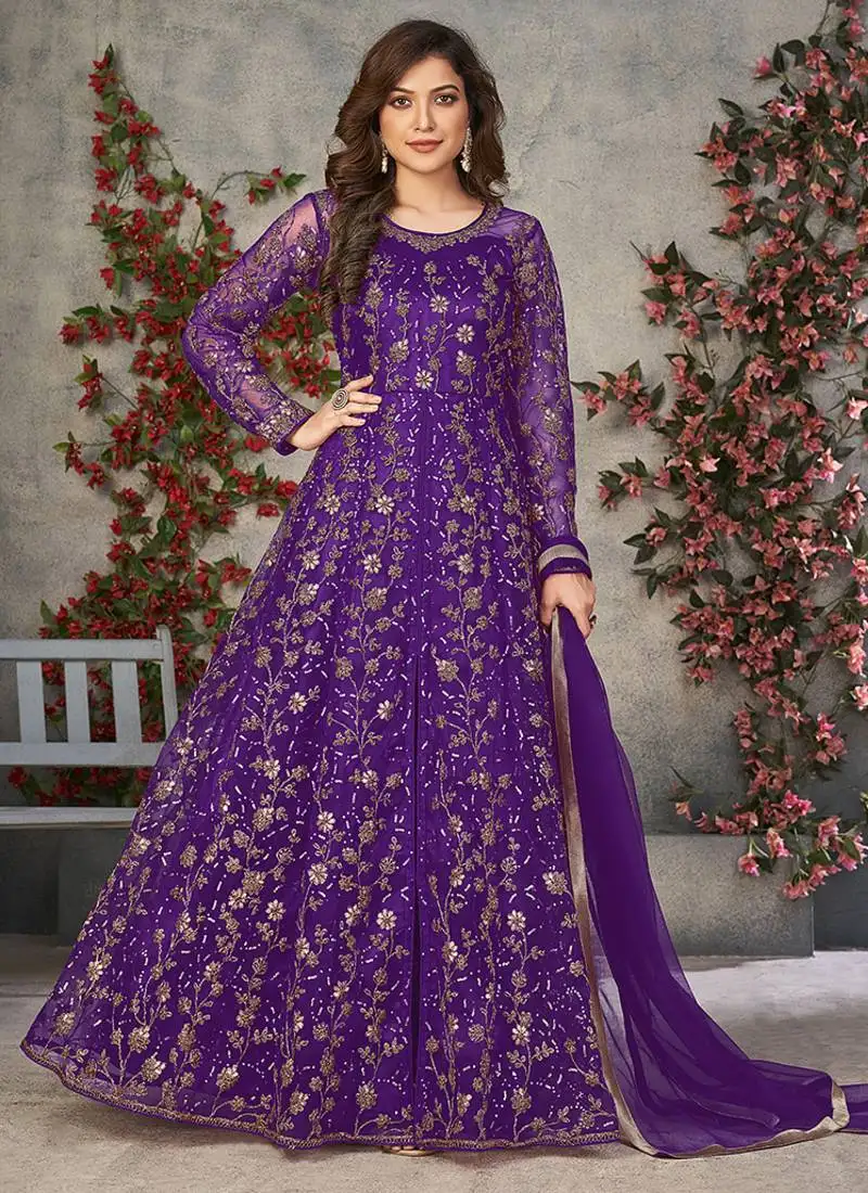 Purple embroidered net anarkali suit semi stitched