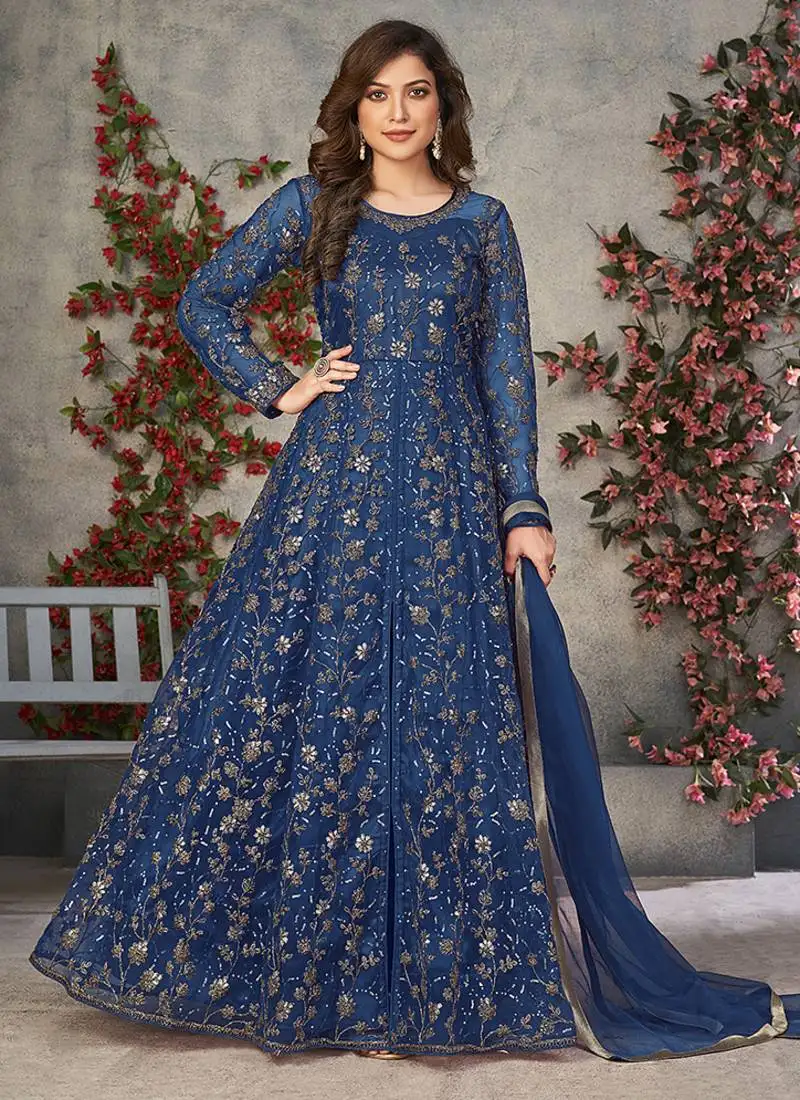 Blue embroidered net anarkali suit semi stitched
