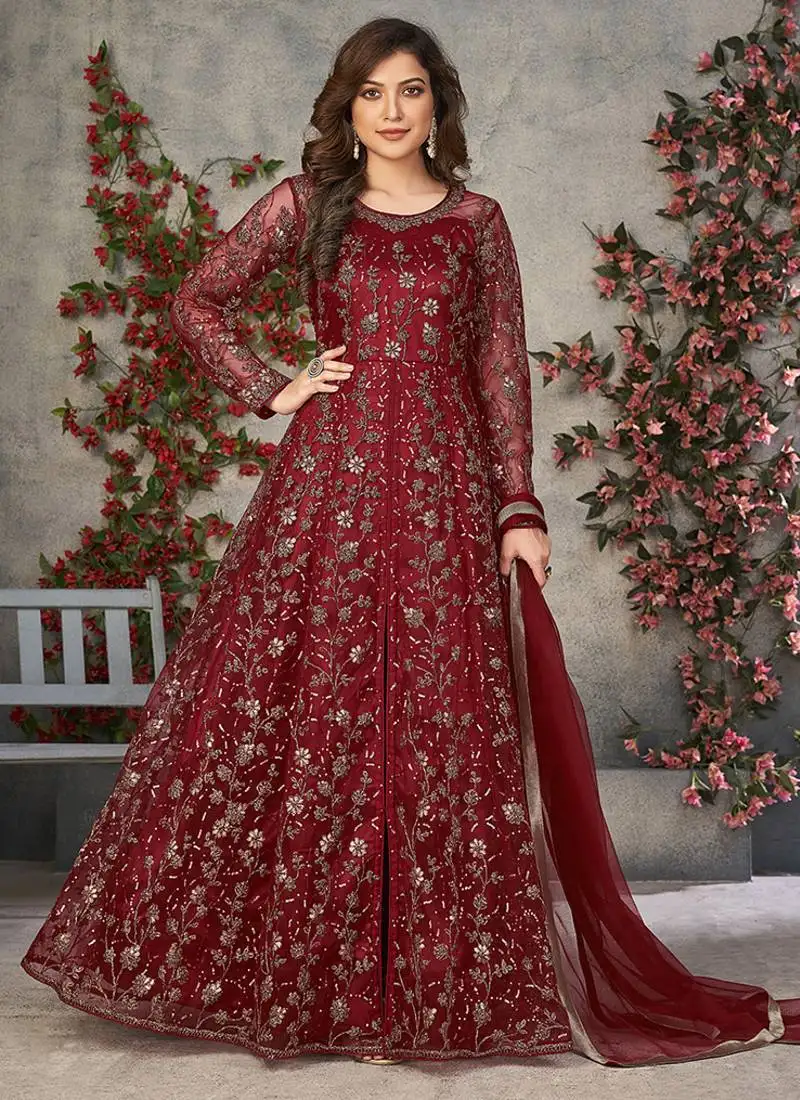 Red embroidered net anarkali suit semi stitched
