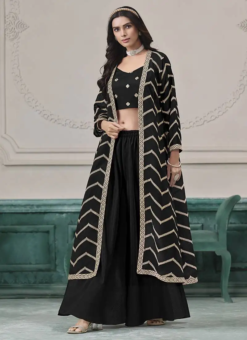 Black embroidered zari work silk palazzo suits semi stitched