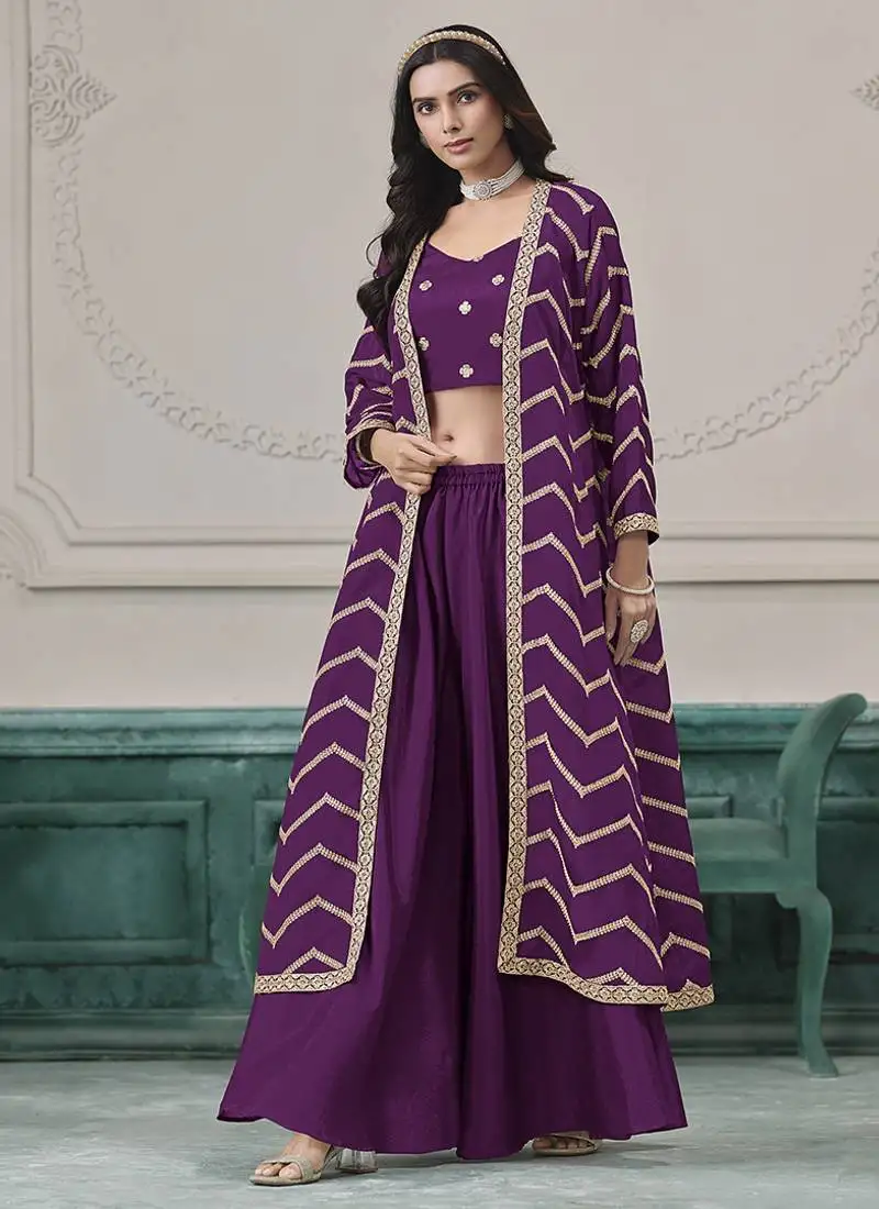 Purple embroidered zari work silk palazzo suits semi stitched