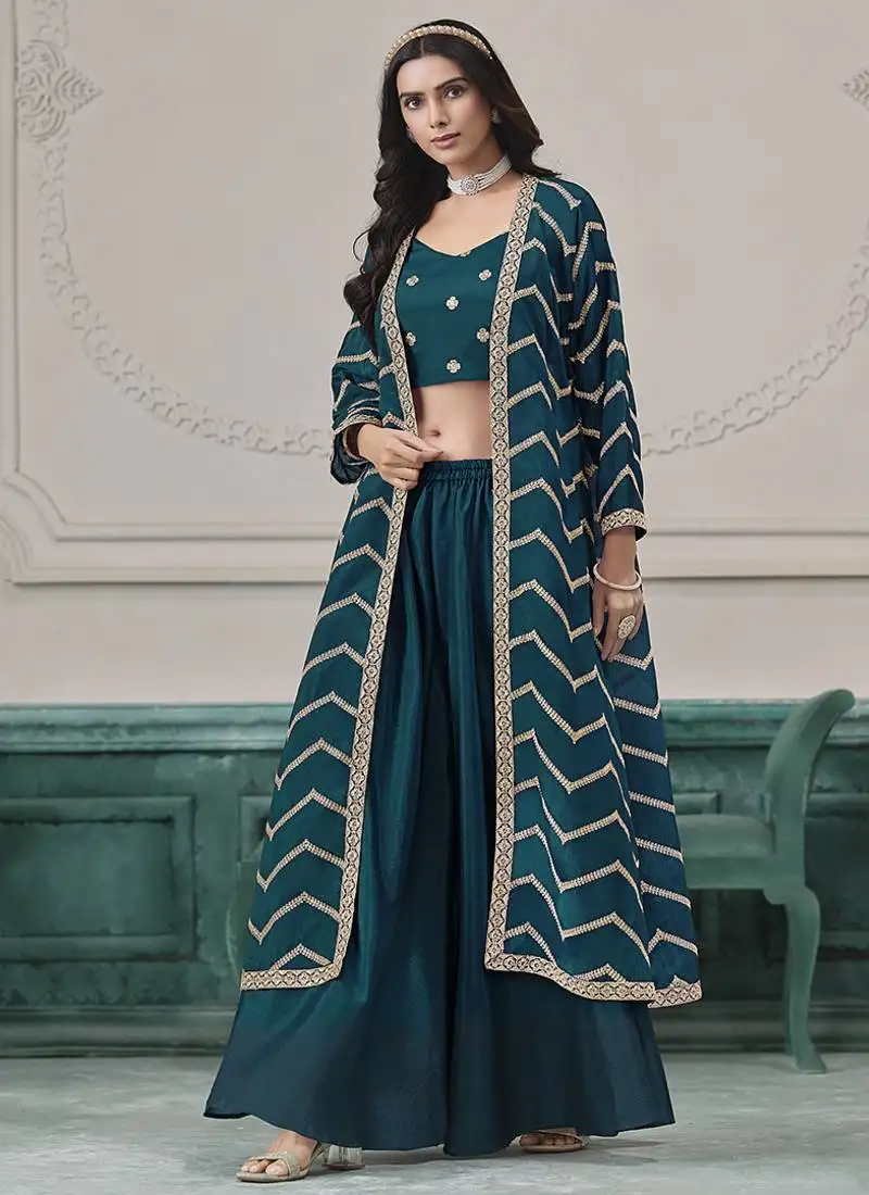 Teal-blue embroidered zari work silk palazzo suits semi stitched