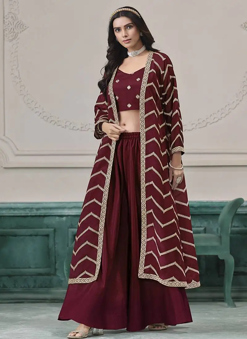 Maroon embroidered zari work silk palazzo suits semi stitched