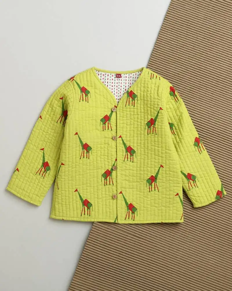 Green multicolor hand screen printed reversible jacket set of 1