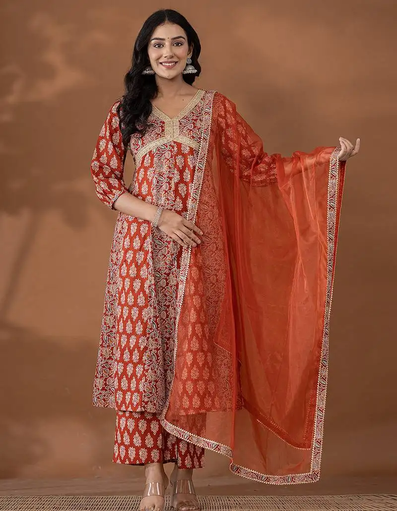 Cotton rust anarkali ethnic motifs kurta dupatta set