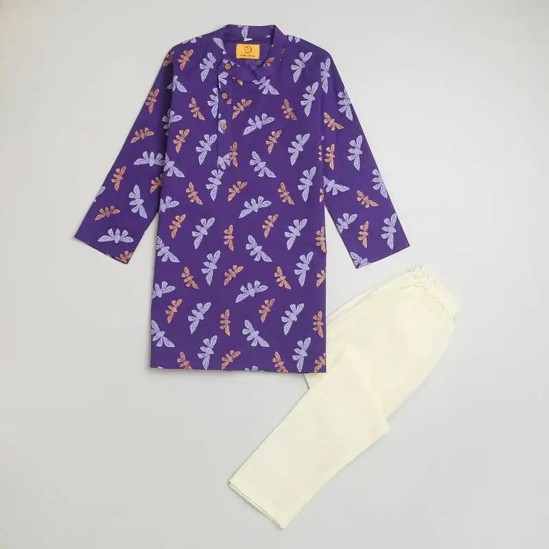 Purple multicolor hand screen printed boys ethnic wear- set of 2