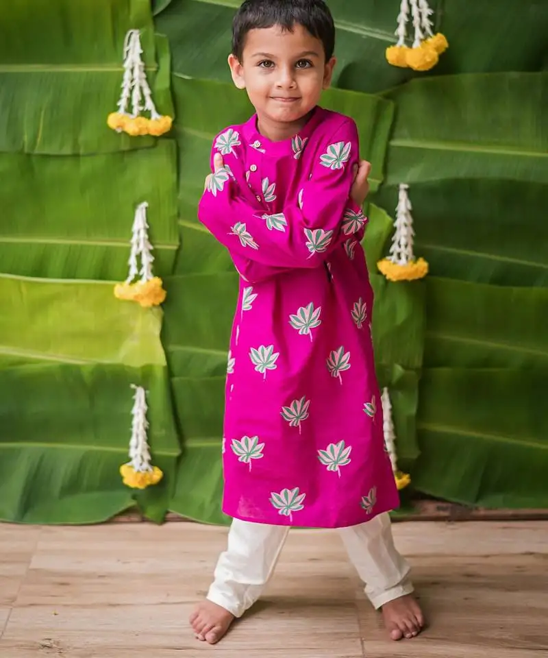 Pink multicolor hand screen printed boys ethnic wear- set of 2