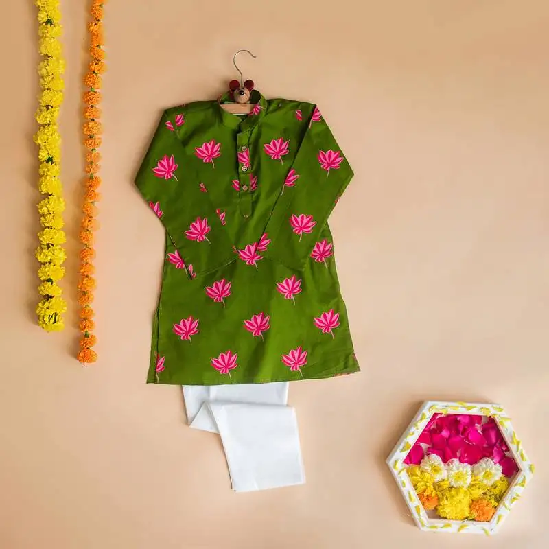 Green fuhsia hand screen printed boys ethnic wear- set of 2