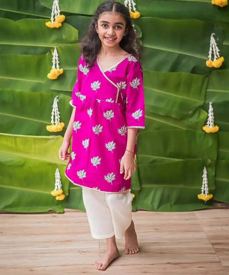 Pink multicolor hand screen printed girls ethnic wear- set of 2