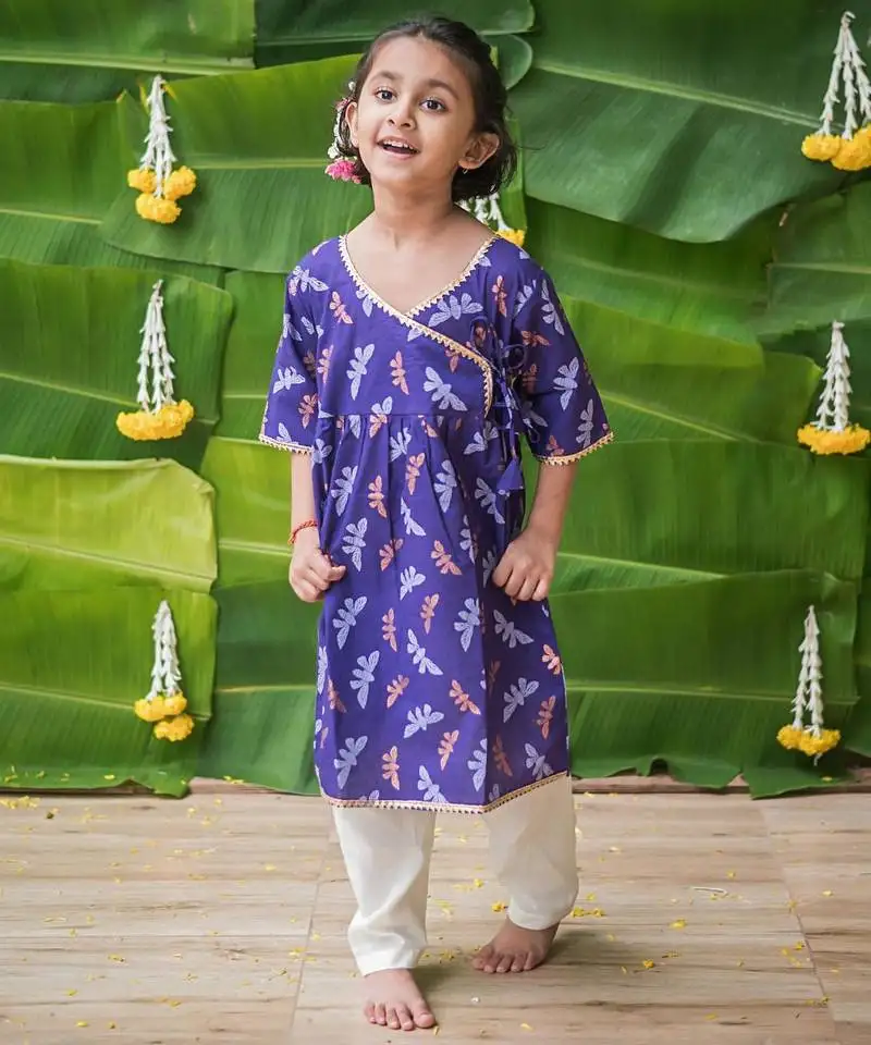 Purple multicolor hand screen printed girls ethnic wear- set of 2