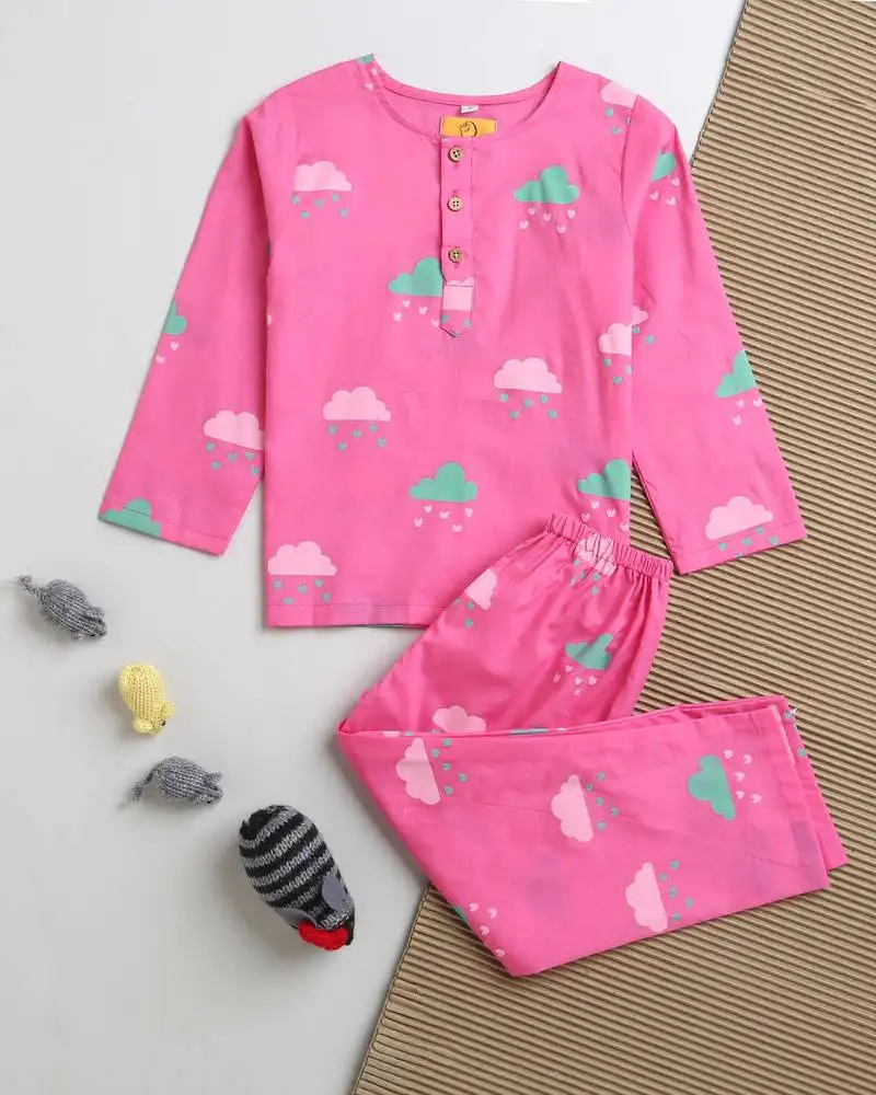 Pink multicolor hand screen printed unisex sleepwear set- set of 2