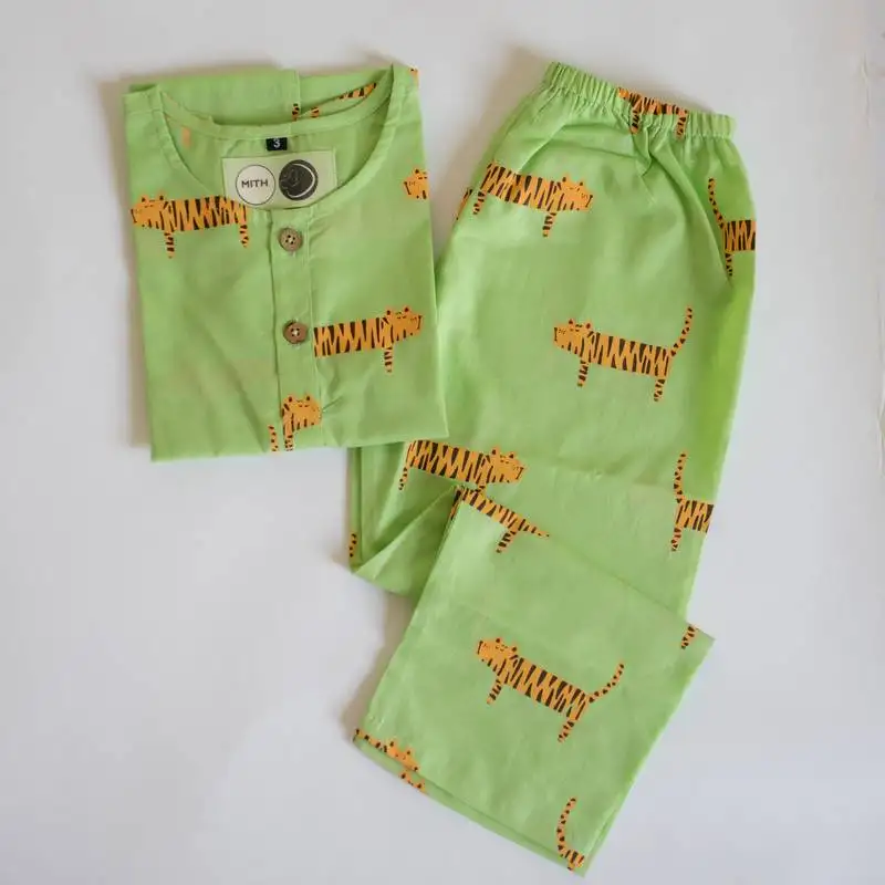 Green orange hand screen printed unisex sleepwear set- set of 2