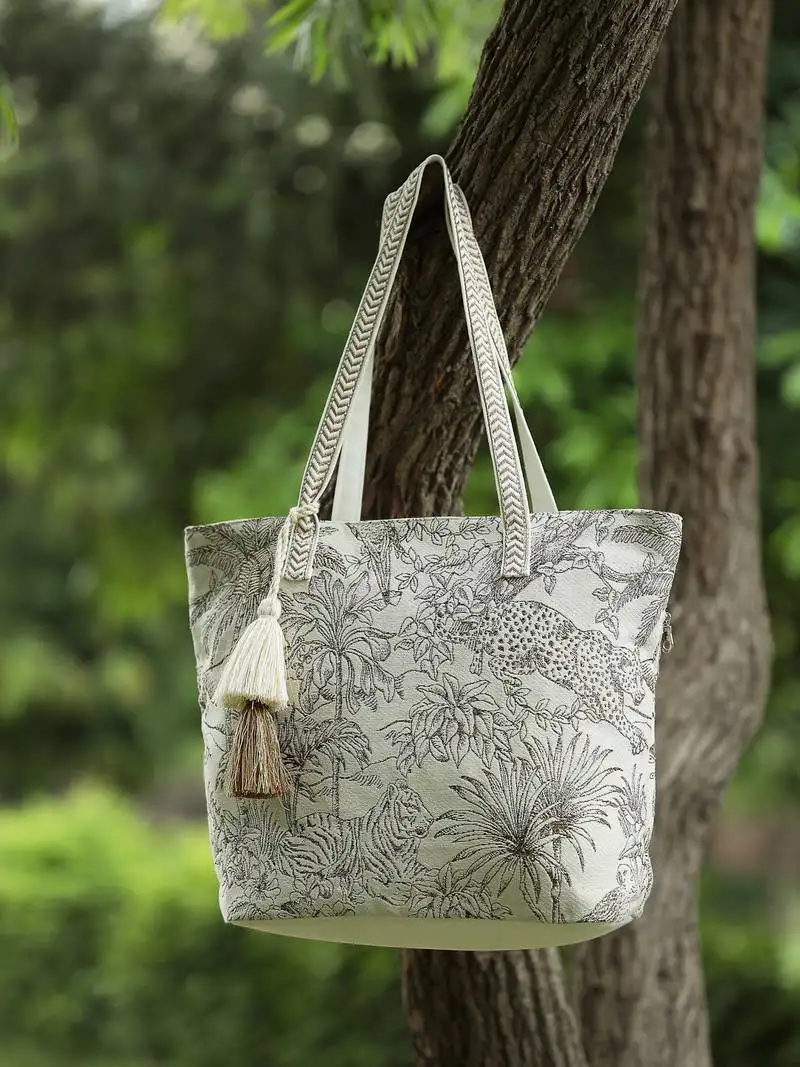 Earth edit beige cotton jungle toile shoulder bag
