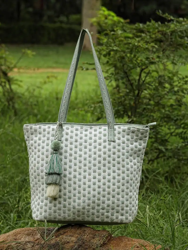 Earth edit sage green cotton geometric jacquard tote bag