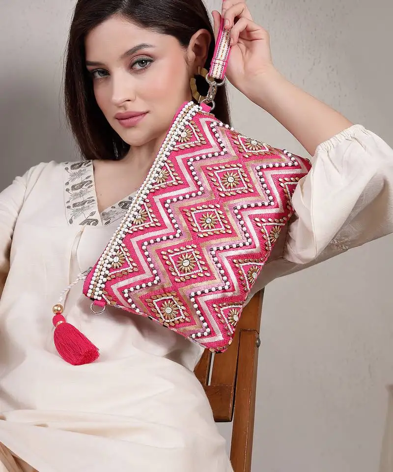 Boho bright pink cotton chevron beaded sling bag