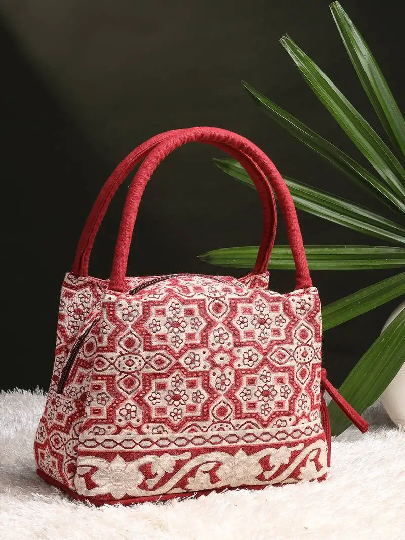 Tribal maroon cotton abstract jacquard handheld bag